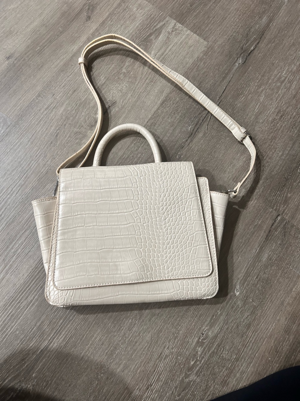 Cream Croc-Embossed Structured Satchel Bag